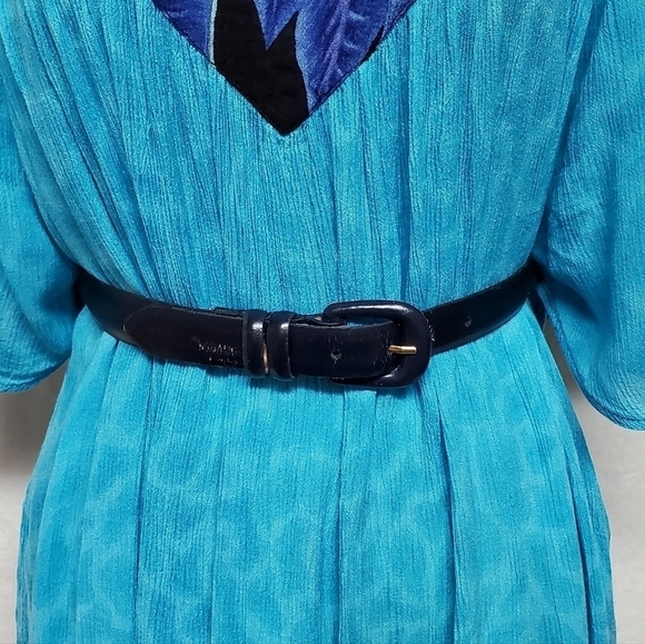 VINTAGE Aqua Blue Tropical Palm Leaf Flutter Sleeve Belted Pocket Dress Mumu - Picture 6 of 15